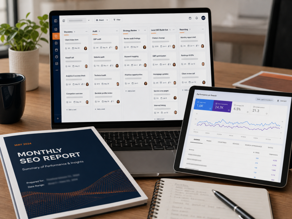 Modern workspace with project management tools