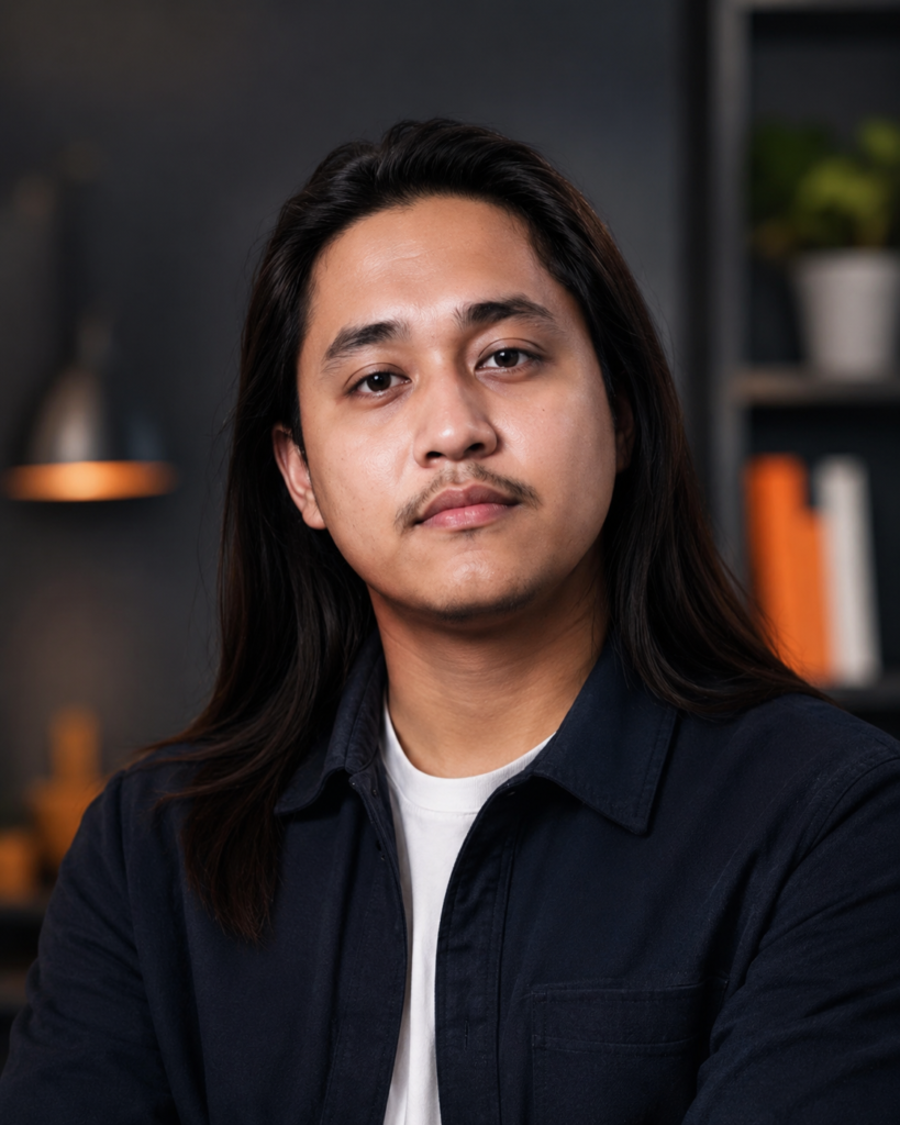 Chill Ratunil working at a laptop in a dimly lit office, wearing a dark blazer over a white shirt