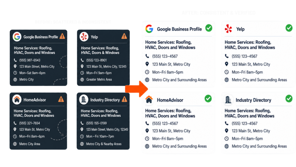 Before and after comparison of a corrected local business listing