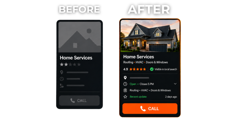 Before and after Google Business Profile optimization showing increased visibility for a home service contractor