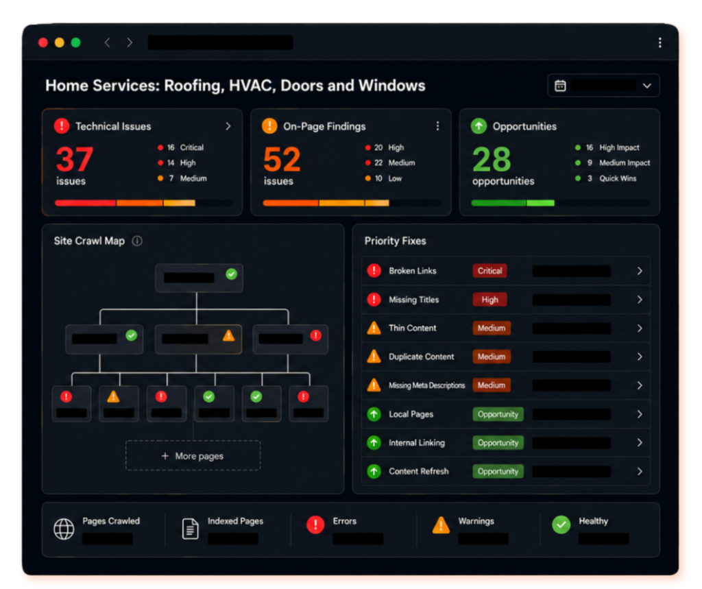 Sample SEO audit dashboard showing technical and on-page findings for a home service website