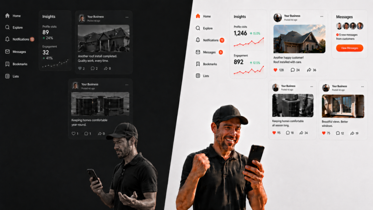 Social media management dashboard showing lead notifications for a home service contractor