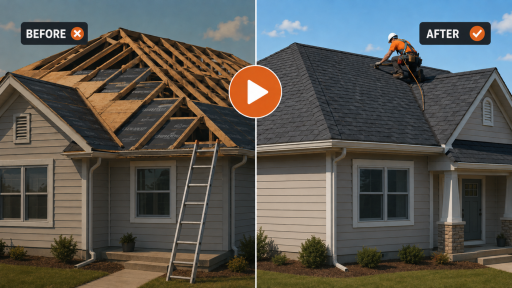 Before and after project video thumbnail for a home service contractor.